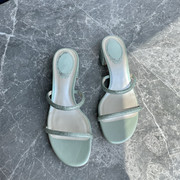 绿色水钻仙女凉鞋法式气质圆头，水钻粗跟一字带一脚蹬名媛风单鞋