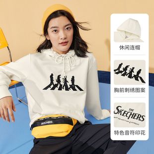 skechers斯凯奇秋冬针织，印花连帽卫衣女，运动圆领上衣男女