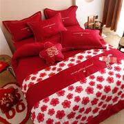 简约新婚庆(新婚庆)床，品红色四件套100s纯棉立体花朵，刺绣结婚被套床单床笠