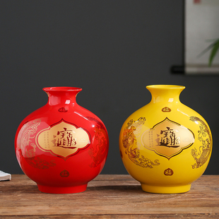 景德镇陶瓷器中式招财进宝石榴瓶花瓶客厅台面插花装饰工艺品摆件