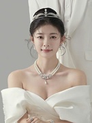 。韩式婚纱王冠婚礼珍珠新娘头饰三件套高级感发箍2023仙