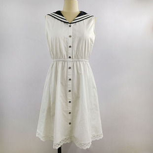 夏季纯棉海军领撞色蕾丝花边白色连衣裙学院风黑色收腰中长