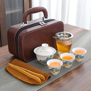 旅行茶具套装家用功夫茶具，盖碗羊脂玉瓷茶杯，户外便携式可定制logo