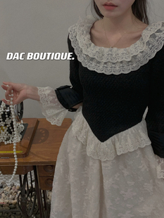 dac2023法式复古重工蕾丝，拼接圆领长袖，连衣裙收腰显瘦a字长裙女