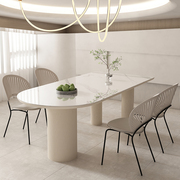 纯白色亮光岩板岛台餐桌一体椭圆形家用奶油风靠墙长方形实木饭桌