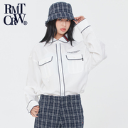 romanticcrown韩版宽松休闲线条，小方兜时尚，衬衫系扣长袖衬衣