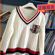 2020春季学院风条纹v领白色毛衣女(毛衣女)短款修身网红上衣