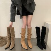 法式复古棕色堆堆靴加绒牛仔靴冬季高筒靴女靴子小个子卡其色长靴