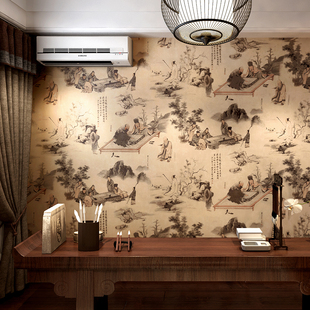 中式复古风格壁纸饭店茶室仿古典非自粘刷胶无胶加厚禅意背景墙纸