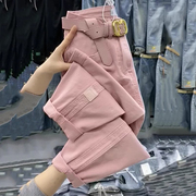 粉色牛仔裤女夏季薄款2023高腰宽松直m筒小个子九分哈伦老爹