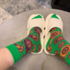 日系民族风撞色图腾袜子韩剧同款红绿色，腰果居家袜复古设计中筒棉