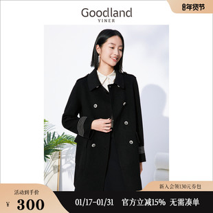 Goodland美地女装冬季双排扣翻领绵羊毛呢子大衣中长款外套