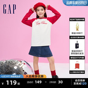 gap女童春秋logo纯棉亲肤宽松长袖，t恤儿童，洋气时髦休闲上衣889740