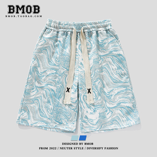 BMOB夏季薄款宽松休闲短裤男士潮牌ins设计感小众沙滩五分花裤子