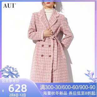 aui粉色格子中长款修身毛呢，外套女2023冬欧美风收腰呢子大衣