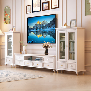 白色电视柜地柜实木电视柜茶几组合1.6米1.8米轻奢实木电视柜组合