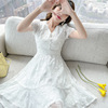 流行刺绣连衣裙女装夏季显瘦V领白色韩国东大门网红短袖裙子
