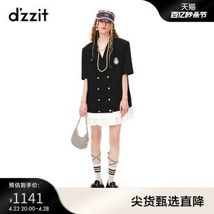 dzzit地素23夏复古(夏复古)通勤徽章设计毛涤精纺，短袖拼接连衣裙女
