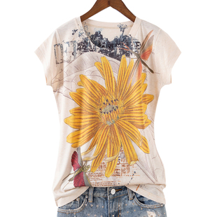 欧货2023夏季民族风，彩绘印花黄色菊花，修身圆领女短袖t恤潮