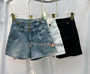 mimi家牛仔裤短裤2023夏季高腰显瘦个性，腰部装饰小个子热裤女
