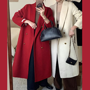 新年红色青果领双面羊绒大衣女2023冬季加厚双排扣长款羊毛呢外套