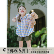 史豌豆女童彩色格子泡泡袖娃娃衫2023夏季小女孩洋气翻领衬衫