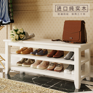 现代简约全实木白色换鞋凳实木鞋柜门口可坐式鞋架家用入户穿鞋凳