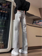 窄版直筒牛仔裤男夏季美式高街vibe微喇加长高个子潮牌烟灰色裤子