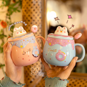 可爱兔子马克杯带盖勺女生，高颜值儿童喝水杯，2022家用陶瓷杯子