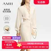 Amii2024春新中式立领绑带心形扣配腰带灯笼袖连衣裙女裙子