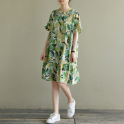 天然出品宽松复古树叶印花圆领，短袖中长款绿色连衣裙夏季qa1177