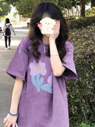 复古紫色t恤短袖显瘦大码女装，胖mm纯棉，ins潮独特夏季百搭炸街上衣
