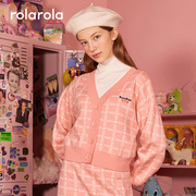 rolarola甜美格子纹v领韩版学院，风春季薄款粉色针织长袖纽扣开衫