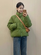 绿色立领短款羽绒棉服，冬季女加厚2023年小个子韩系面包服外套