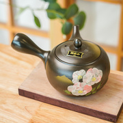 美浓烧日本进口手作紫砂黑泥富仙手绘椿花复古粗过滤泡茶壶茶具