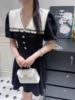 韩国ulzzang春夏法式气质，时尚娃娃领钉珠，单排扣高腰连衣裙女