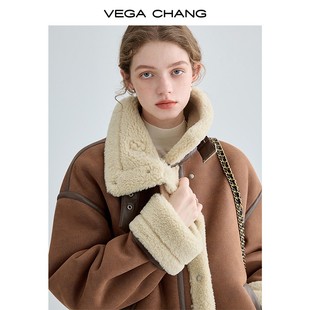vegachang机车风仿皮毛，一体短外套，女2023年冬装加厚毛绒大衣