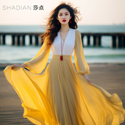 黄色连衣裙长袖2024春季过膝长裙，显瘦气质礼服海边沙滩裙大摆
