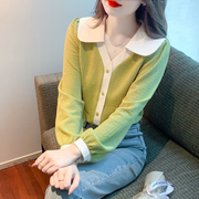 春秋韩版修身娃娃领长袖，雪纺衬衫女法式撞色上衣设计感高级感小衫