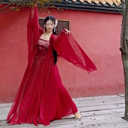 密棠X刘然联名款 酒红色古风大袖长外披流苏双层半身裙360度