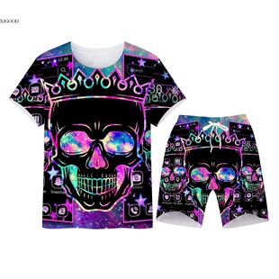 skull3dprintmen'st-shirtshortsset骷髅头3d印花t恤套装夏