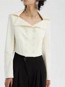 N·MORE设计师品牌 春夏 乃馨白蝴蝶领束腰短款西服外套