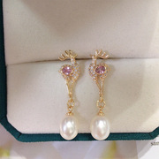 天然淡水珍珠耳环女18k包金精致微镶锆石，粉色小鹿耳环