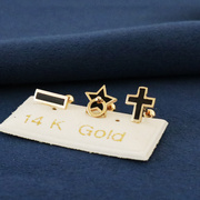韩国纯14k金黄金(金黄金)耳钉，简约黑色五角星十字架，一字k纯金拧螺丝耳钉