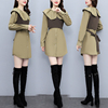 韩版减龄娃娃领衬衣式连衣裙+绑带，一片式背心，马甲两件套装女秋季