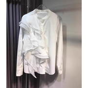 蕾丝拼接荷叶边立领衬衫女2023秋装韩版设计感洋气长袖衬衣