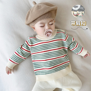韩气婴幼儿洋气秋冬婴儿衣服条纹，针织男女宝宝圆领，小童毛衣打底衫
