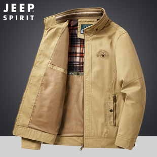 jeep吉普中老年外套男春季宽松中年，爸爸春装纯棉立领休闲夹克
