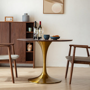 黑胡桃木圆形桌家用小户型简约饭桌钛金拉丝底座轻奢咖啡桌椅组合
