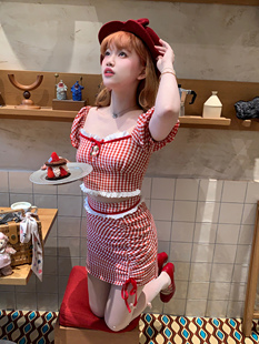 森女系原创想去海边 树莓果冻 元气可爱红色格子短上衣半裙套装